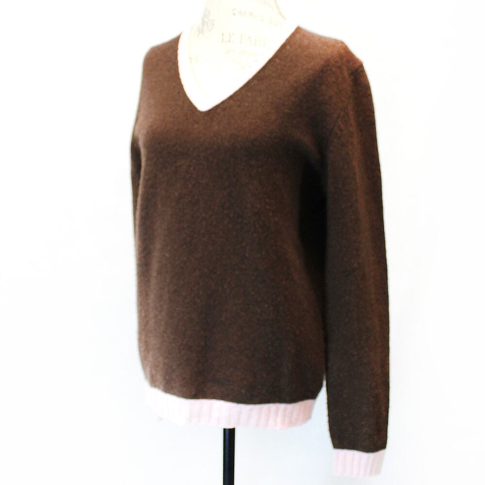 Bergdorf Goodman Women's Brown 100% Merino Wool V-Neck Sweater Size 50 Large